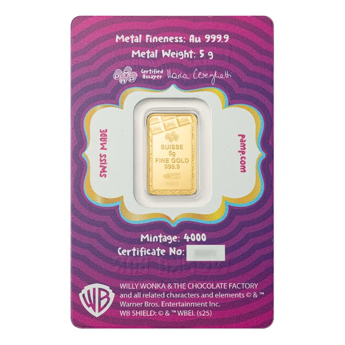 5 gram Pamp Suisse Willy Wonka Chocolate Bar .9999 Gold Proof like Bar