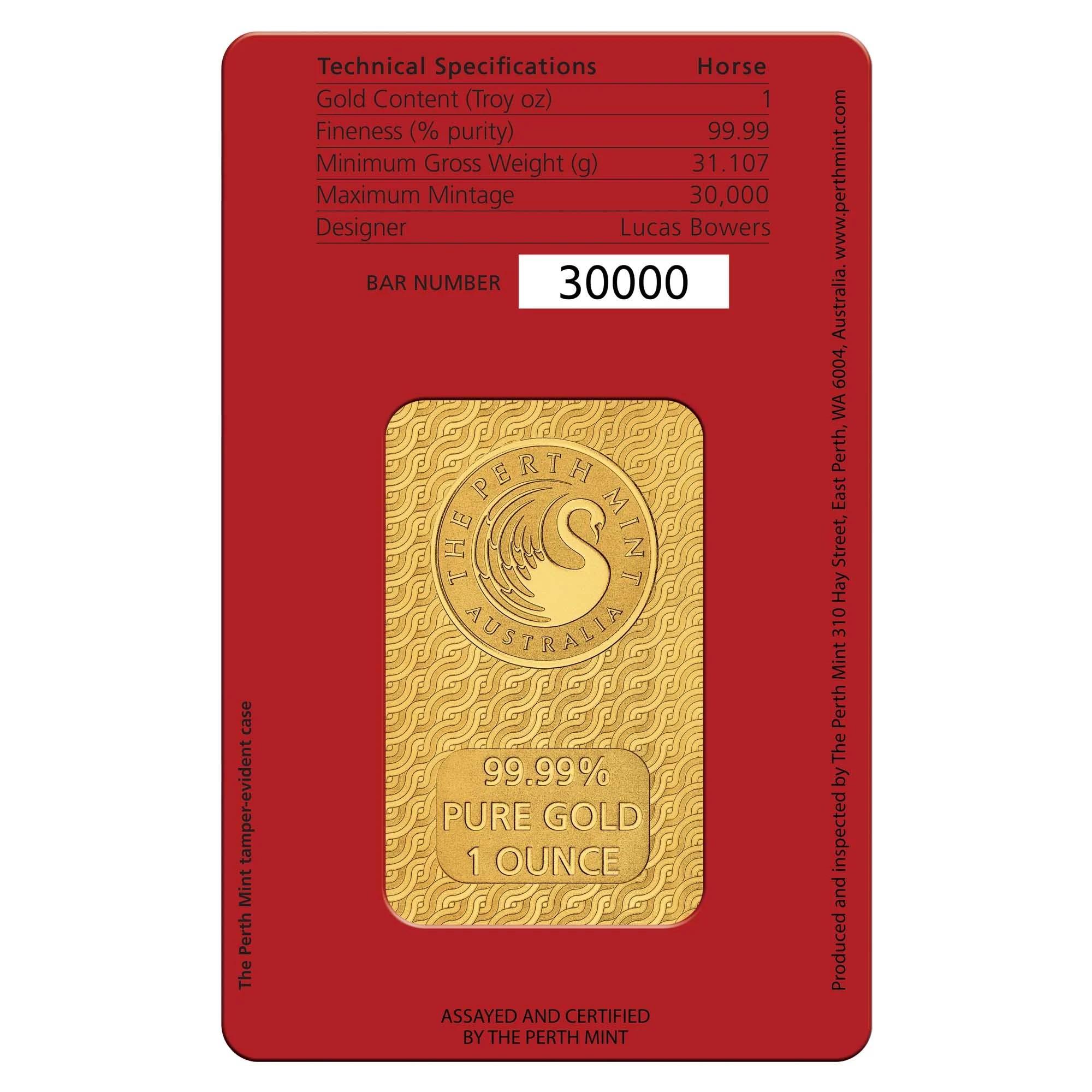 1oz Perth Mint Lunar Horse .9999 Gold Bar (In Assay)